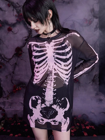 Skull Printed Gothic Mesh Long-sleeve T-shirt