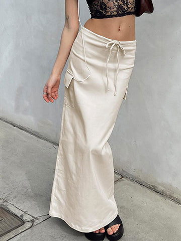 Flap Pocket Back Slit Solid Skirt