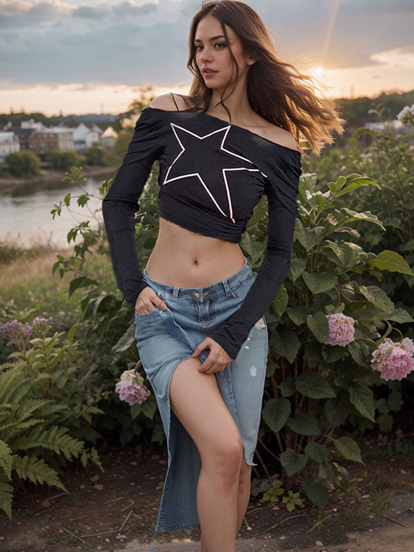 Boat Neck Exposed Navel Star T-Shirt