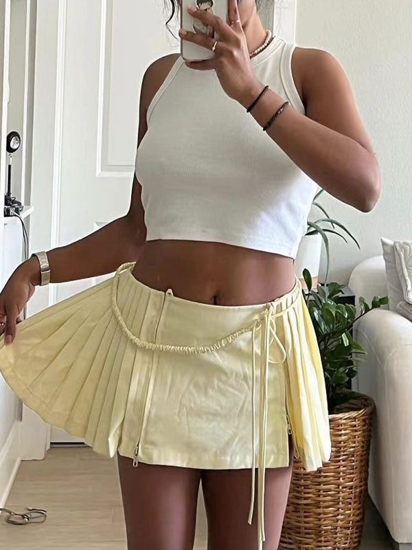 Lace Up Solid Pleated Mini Skirt