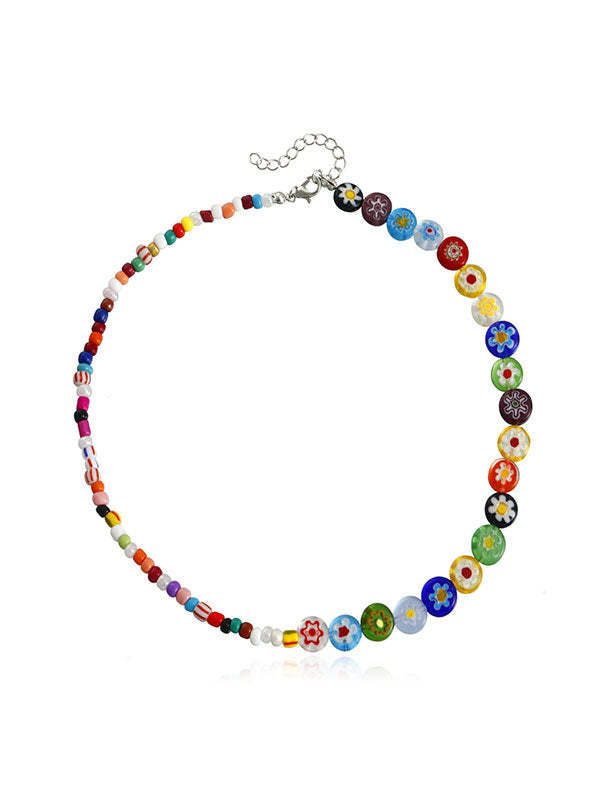 Glass Rainbow Flower Beaaded Necklace