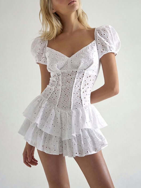 Fairy Crochet Cutout Corset Waist Square Neck Puff Sleeve Mini Dress