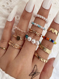 Heart Knotted Colorful Beads Pearl Round Open Joint Ring Set of 12