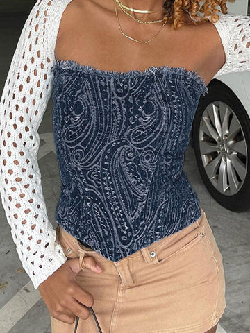 Strapless Jacquard Zipper Denim Corset Top