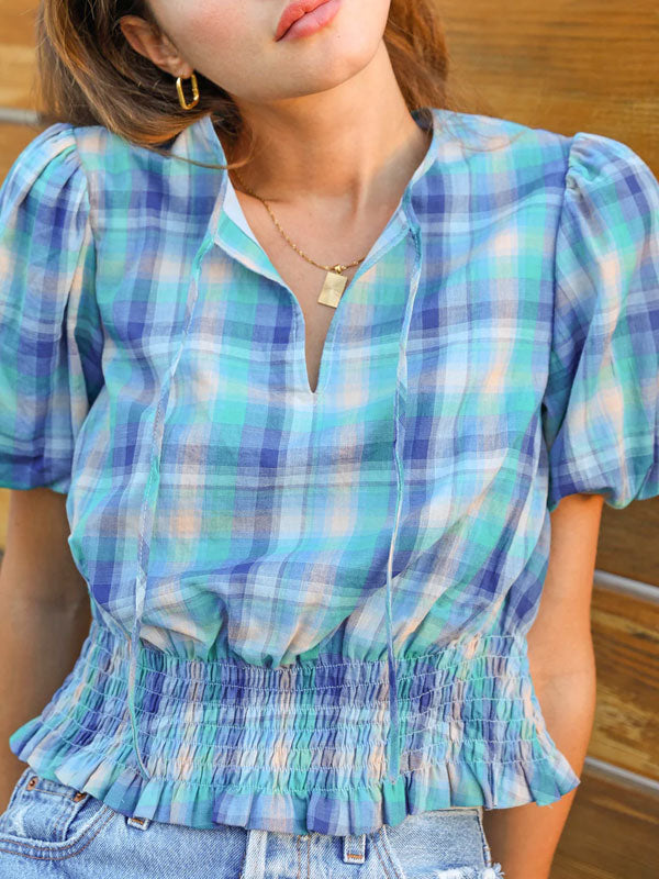 Plaid Elastic Waist Puff Sleeve Top