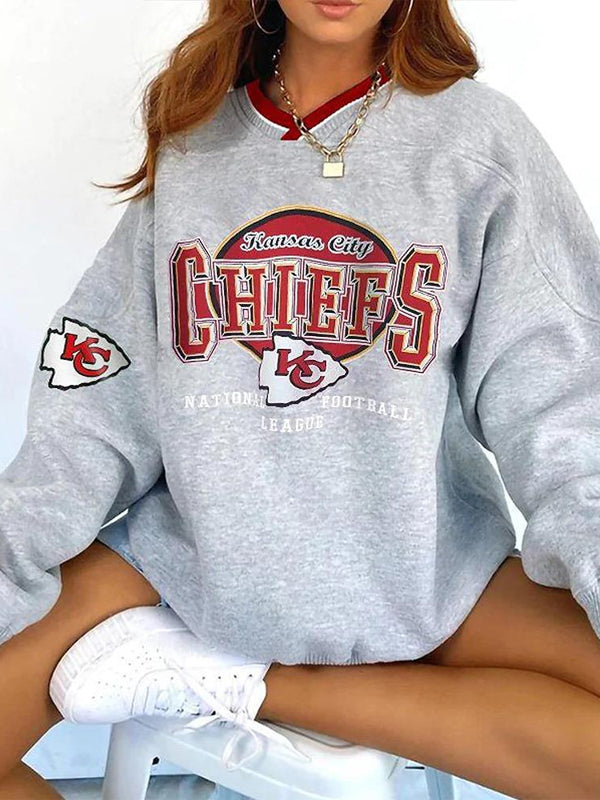 V Neck Letters Rib Knit Cuffs Sweatshirt