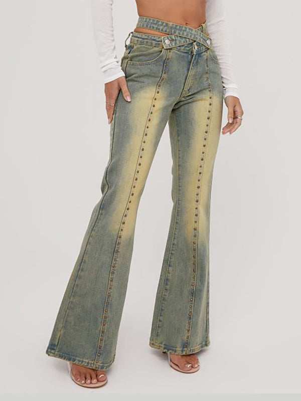 Gradient Rivet Button Flared Jeans