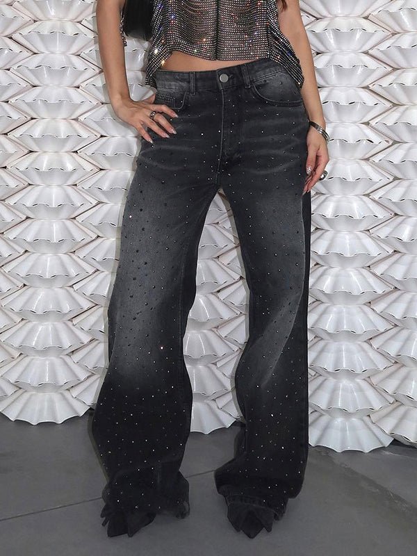 Gradient Zipper Whiskered Diamante Jeans