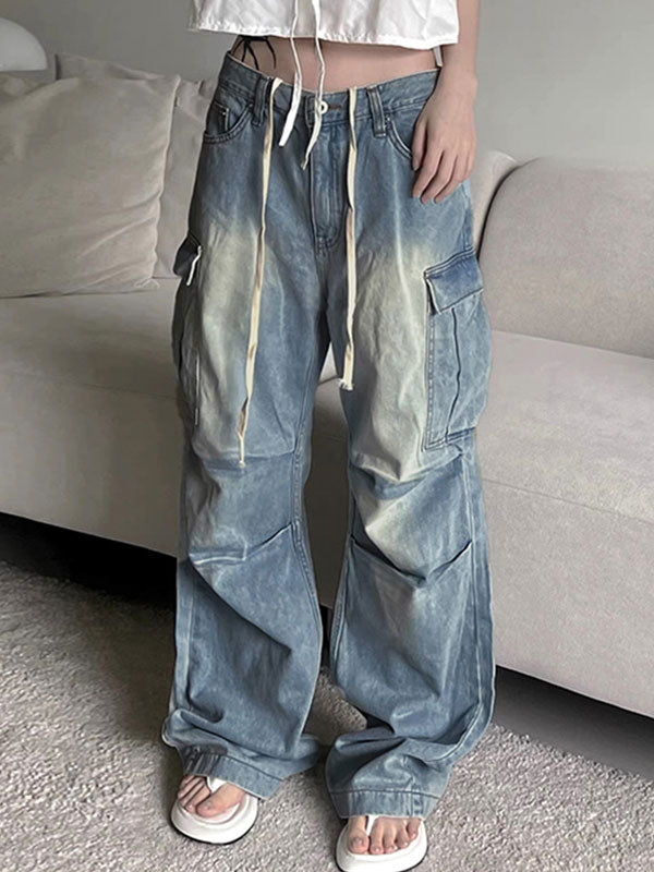 Washed Frayed Side Pocket Wide Leg Jeans