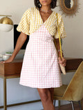 V Neck Eyelet Gingham Collared Dress