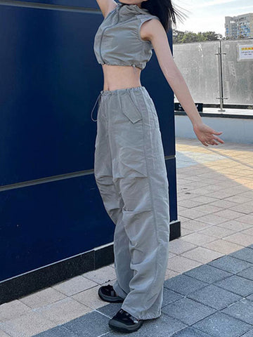 High Waist Drawstring Elastic Waist Cargo Pants