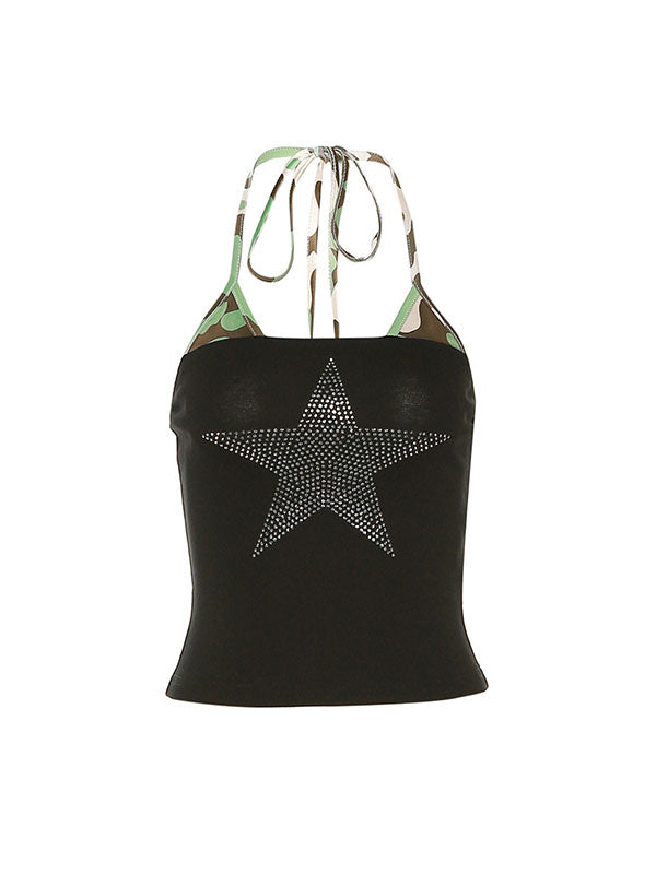 Color Block Halter Camouflage Star Camis Top