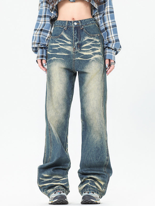 Vintage Gradient Zipper Whiskered Jeans