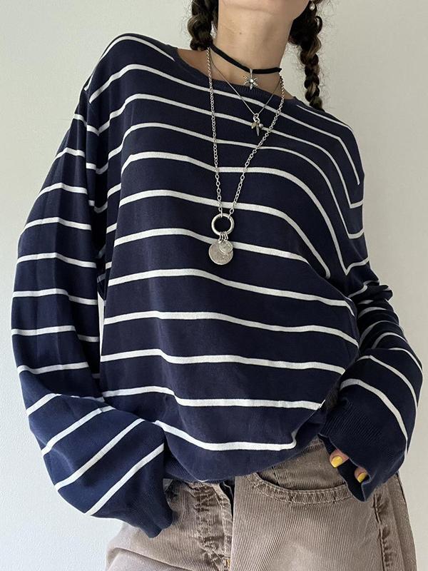 Casual Contrast Striped Sweater Versatile Loose Top