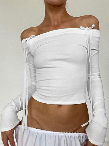 Balletcore Plain Off Shoulder Bow T-Shirt