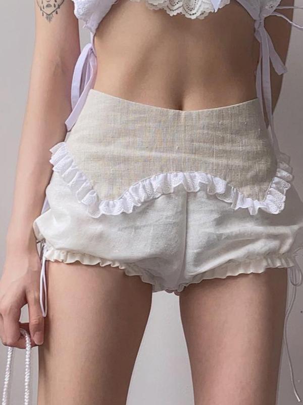 Lace Stitching Low-rise Slim-fitting Pleated Zipper Shorts