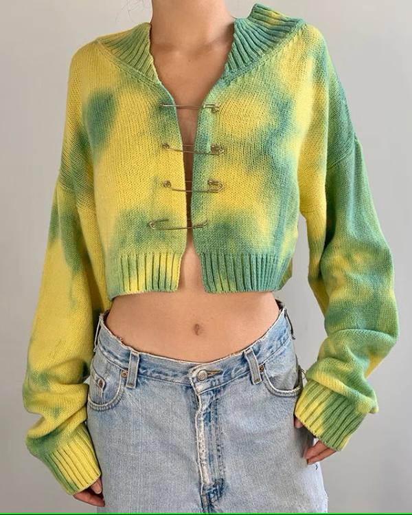 Tie-Dye Pin Button Knitted Cropped Top