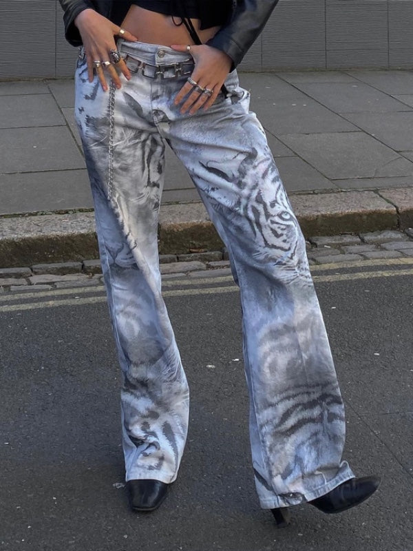 Tiger Fade Print Zipper Button Jeans