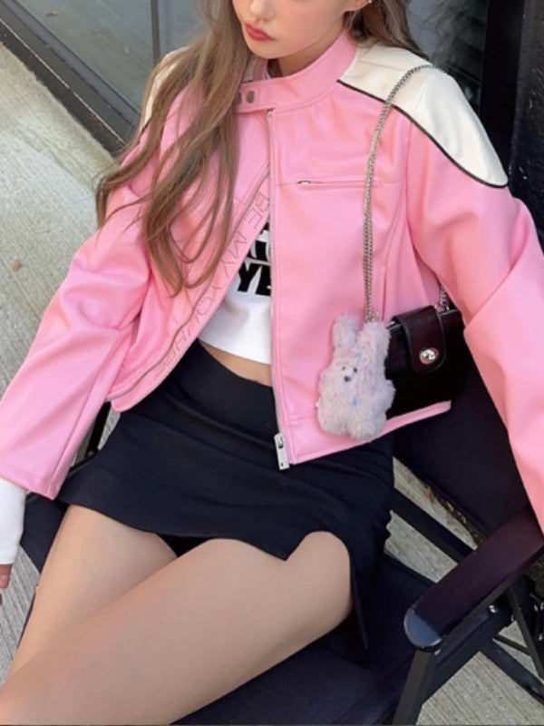 Band Collar Patchwork PU Jacket