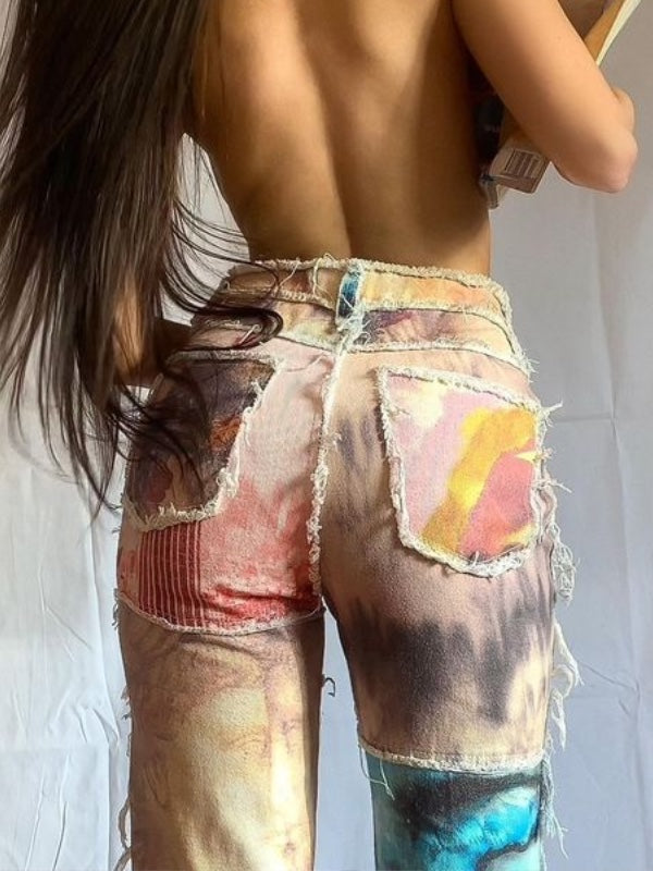 Abstract Printed Patchwork Jeans