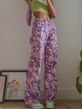 Zipper Heart Print Flare Leg Pants