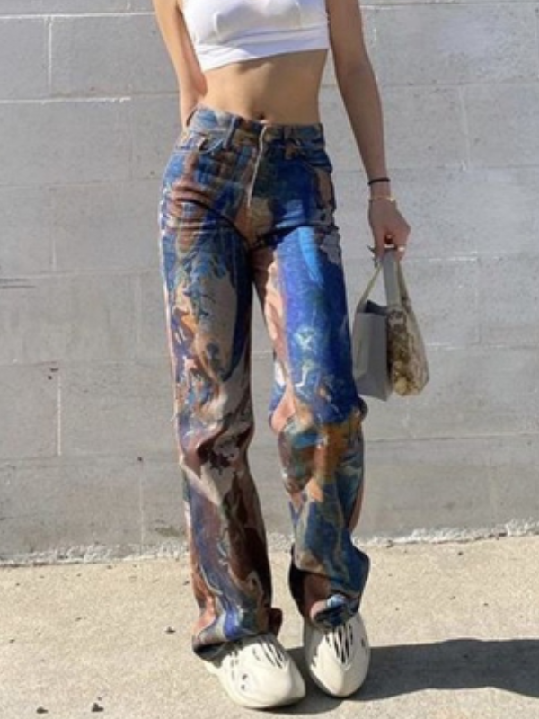 Abstract Printed Wide Leg Jeans