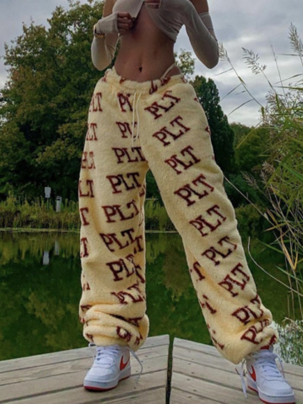 Letters Elastic Waist Plush Pants