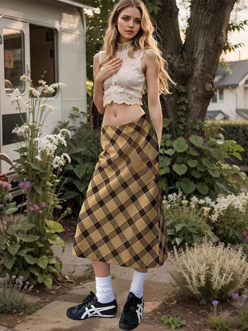 Vintage Gingham Zipper Midi Skirt