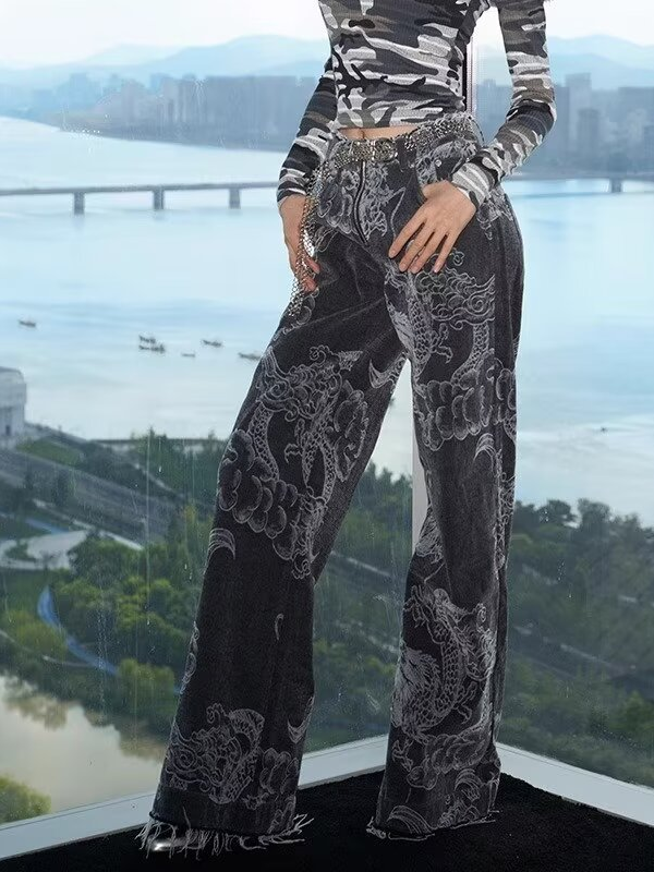 Dragon Embroidered Jeans Raw-edge Wide-leg Pants