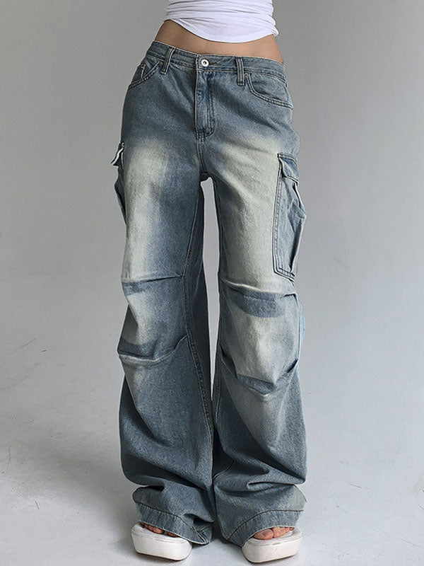 Washed Frayed Side Pocket Wide Leg Jeans