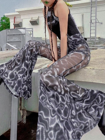 Abstract Print See Through Flared Pants