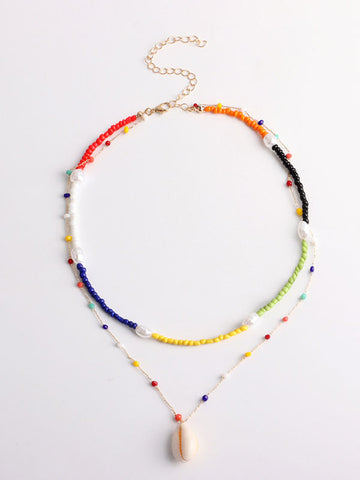 Simple Color Beads Shell Pendant Multilayer Necklace