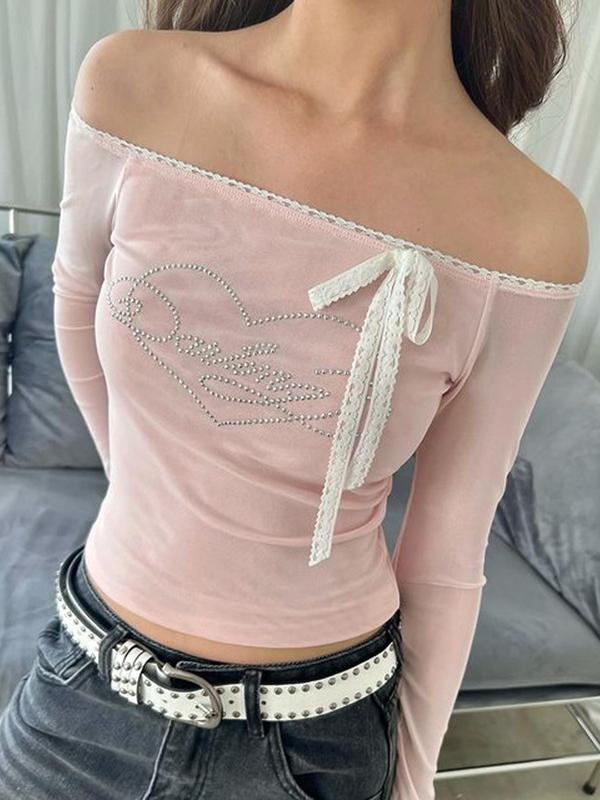 Lace Patchwork Bowknot Off-shoulder Mesh Top