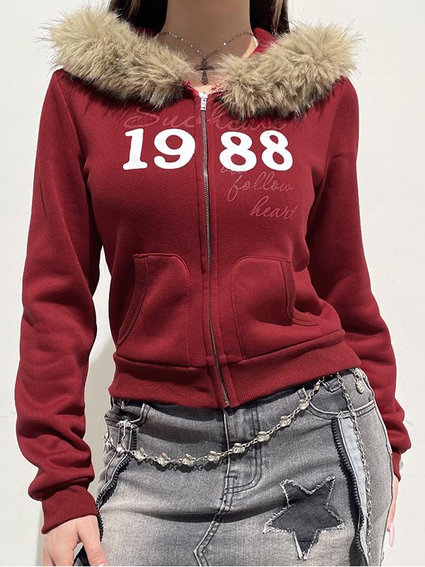 Letter Print Fur Collar Pocket Hoodie