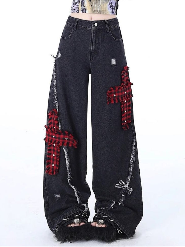 Distressed embroidered straight-leg wide-leg jeans