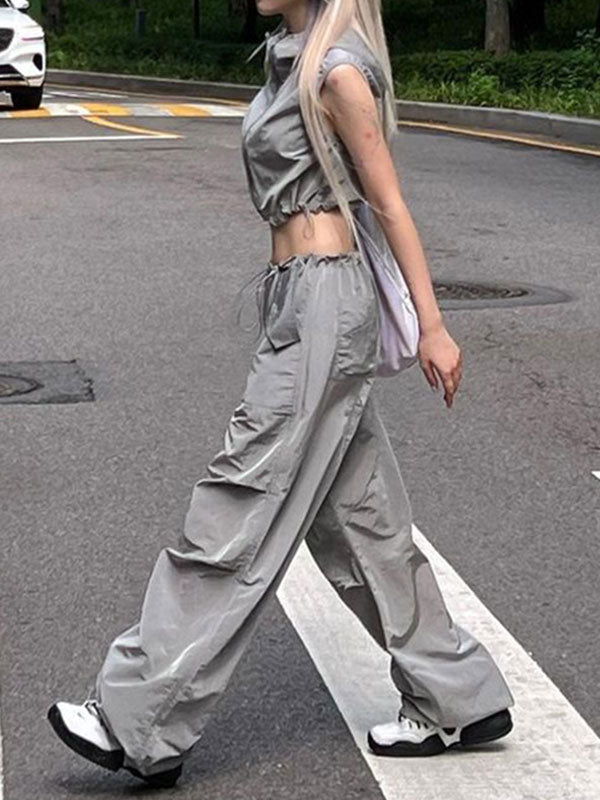 High Waist Drawstring Elastic Waist Cargo Pants