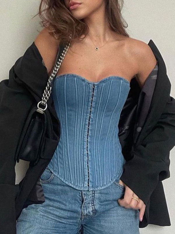 Cross Strapes Denim Bandeau Corset Top