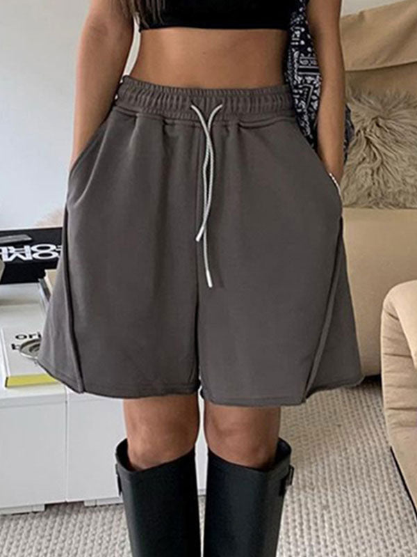 Elastic Waist Drawstring Solid Shorts