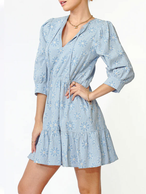 Daisy Embroidered Popover Chambray Mini Dress