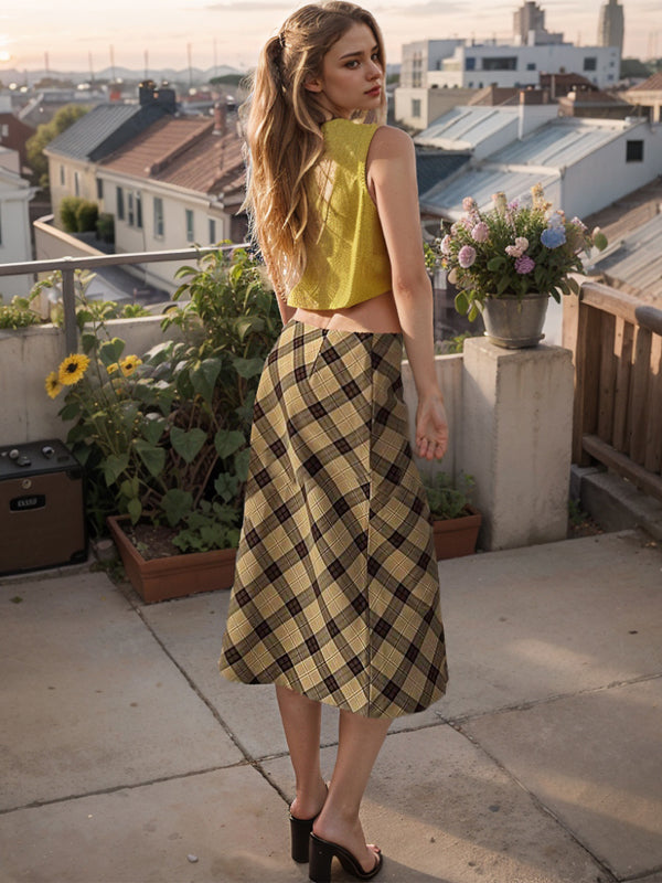 Vintage Gingham Zipper Midi Skirt