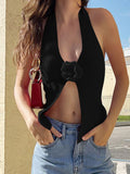 3D Flower Halter Exposed Navel Knit Top -- YKIIY  CLOTHING