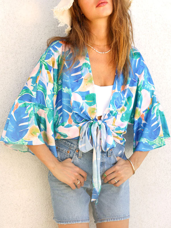 Wrap Over Tie Front Printed Blouse