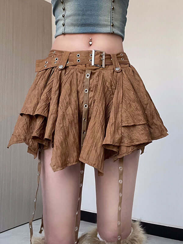 Bukcle Belt Asymmetric Hem Mini Skirt