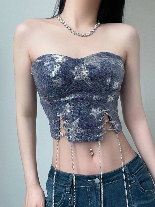 Star Glitter Chain Lace Up Tube Top