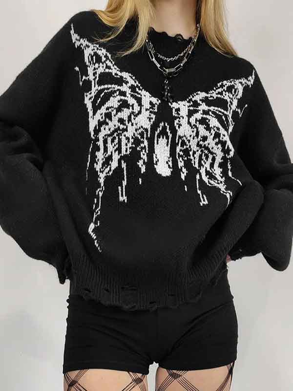 Butterfly Loose Frayed Trim Sweater