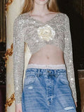 Plain Glitter Sequin Floral T-Shirt