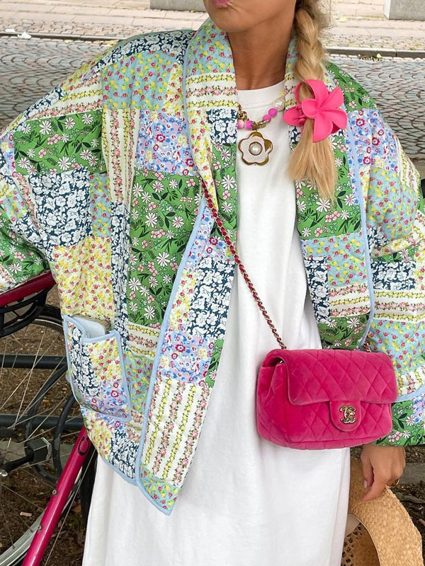 Patchwork Lapel Floral Print Jacket