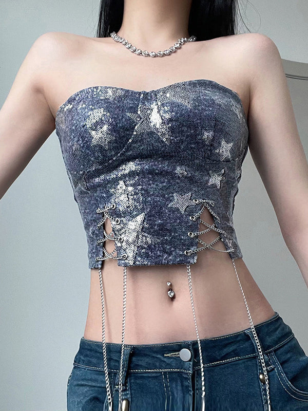 Star Glitter Chain Lace Up Tube Top