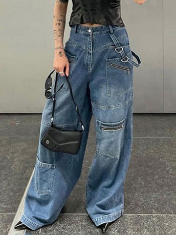 Blue Wash Patchwork Baggy Cargo Jeans