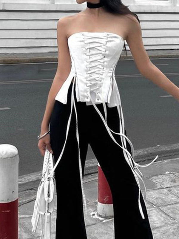 Zipper Patchwork Lace Up Tube Top